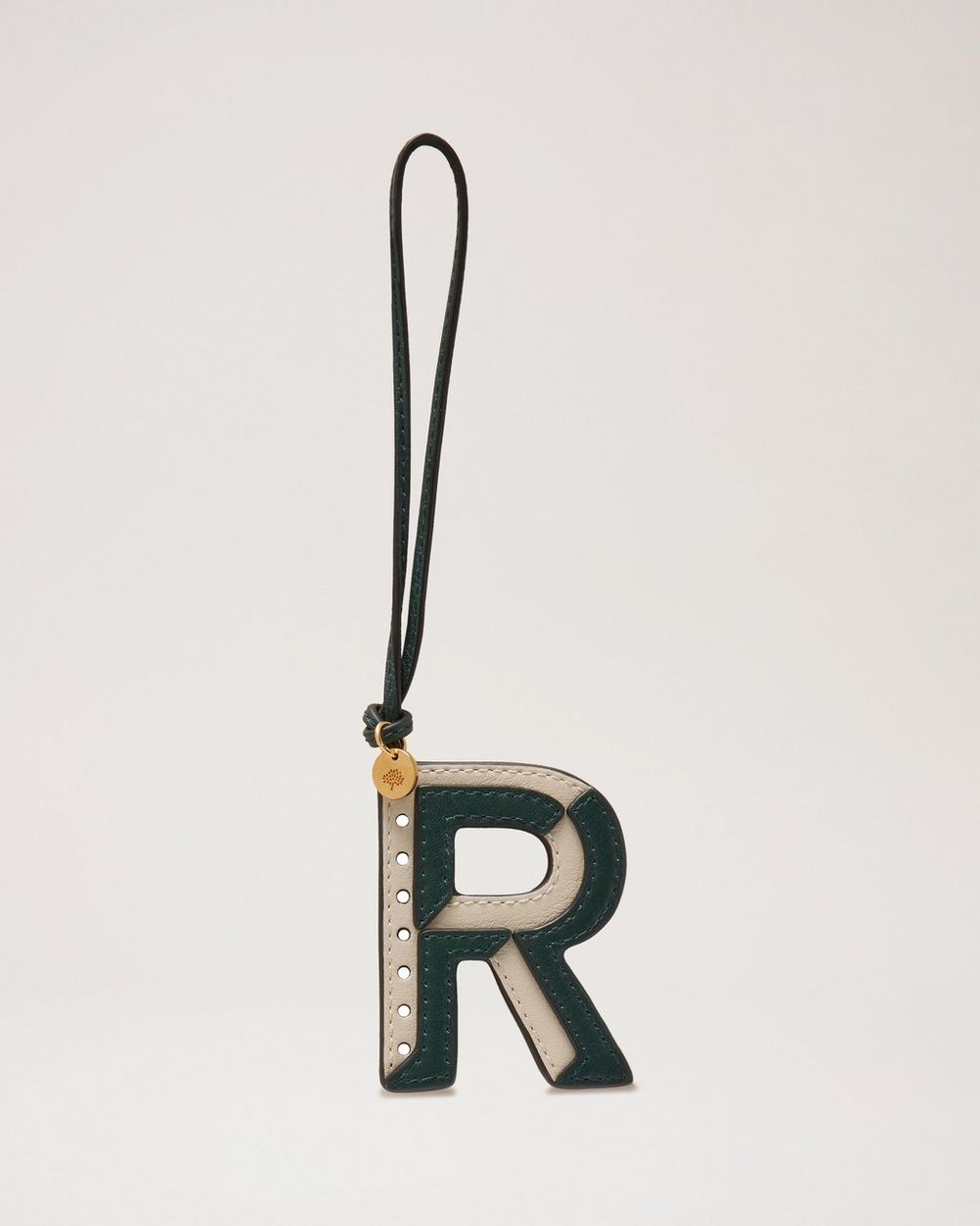 Mulberry | Bi-Colour Leather Keyring- R - Mulberry Green & Chalk Silky Calf