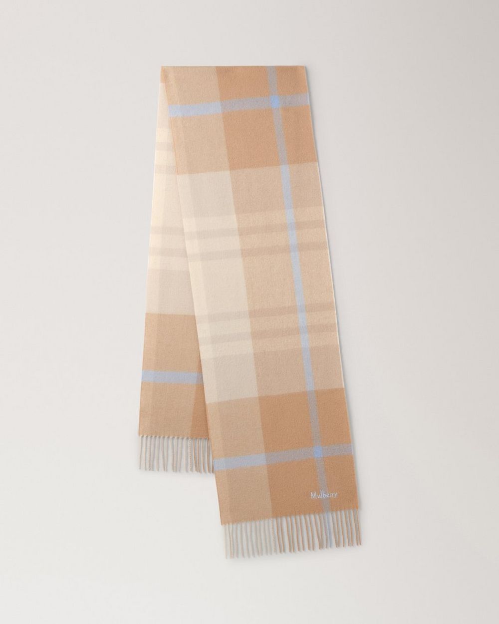 Mulberry | Small Check Merino Wool Scarf - Camel & Poplin Blue Merino Wool