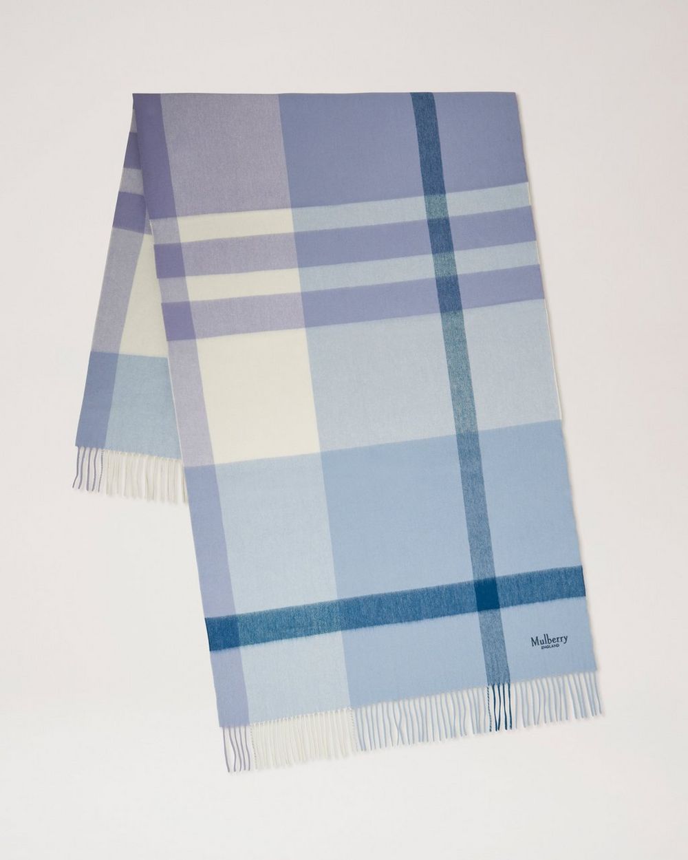 Mulberry | Large Check Merino Wool Scarf - Poplin Blue & White Merino Wool