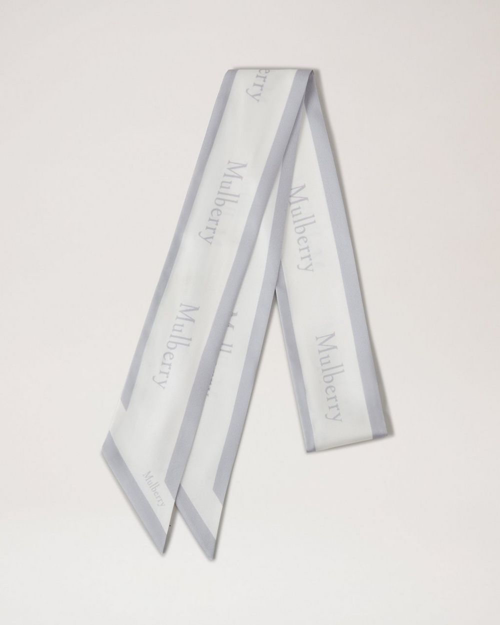 Mulberry | Skinny Scarf - Logo Boarder - Pale Grey-White Recycled Polyester