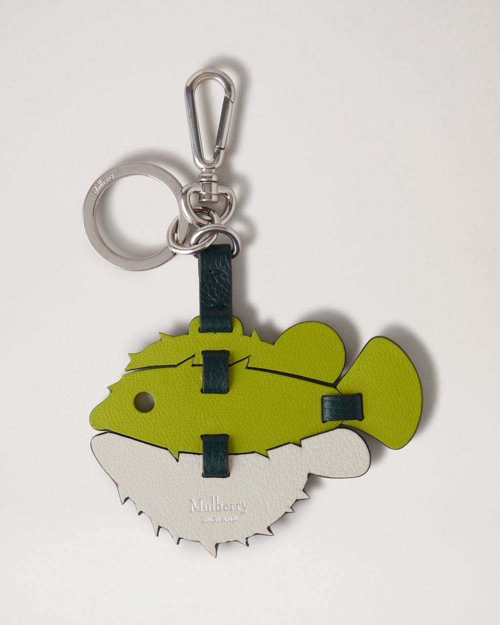 Mulberry | Puzzle Keyring - Puffer Fish - Acid Green, Mulberry Green & Chalk Mixed Material