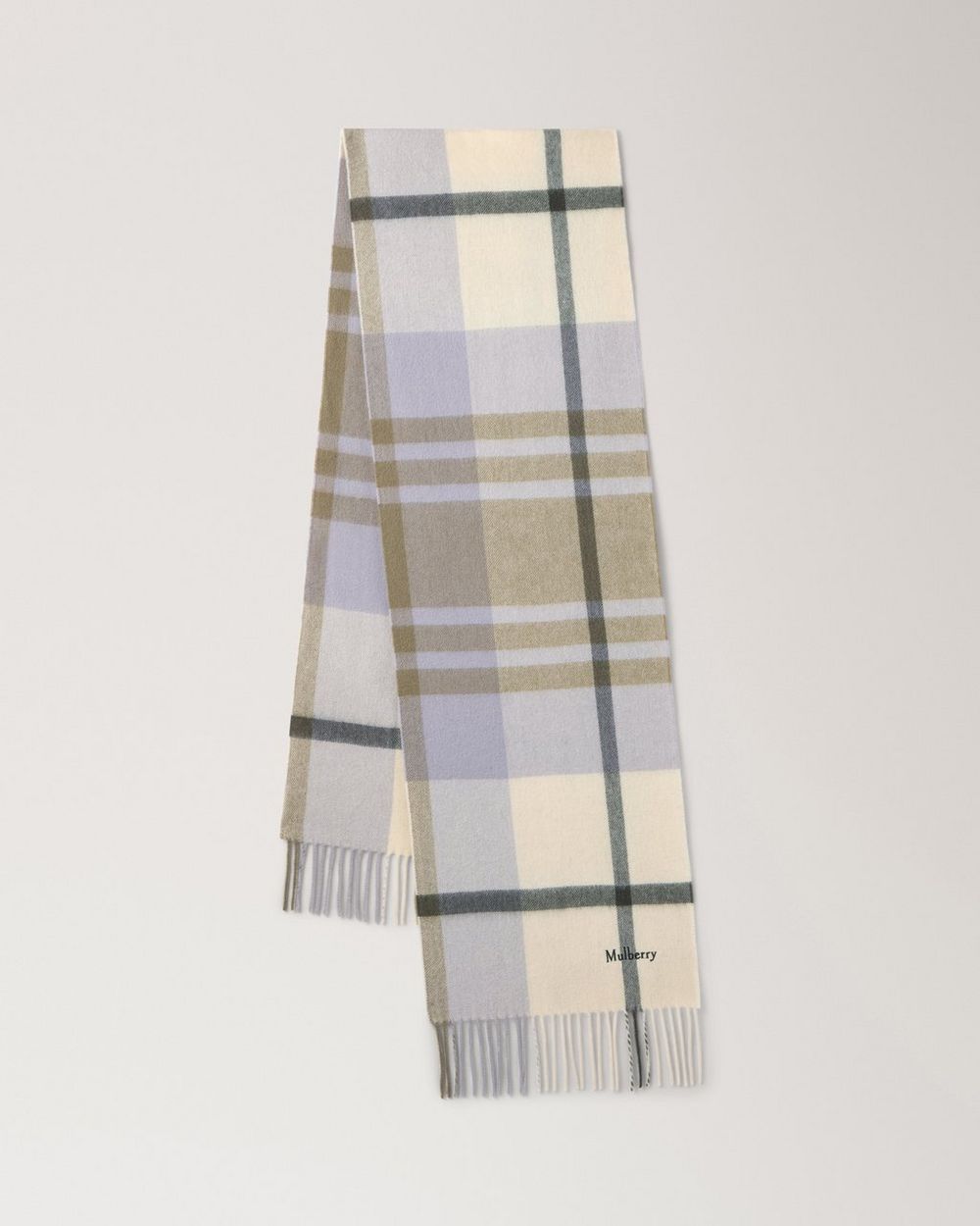 Mulberry | Small Check Merino Wool Scarf - Eggshell & Olive Merino Wool